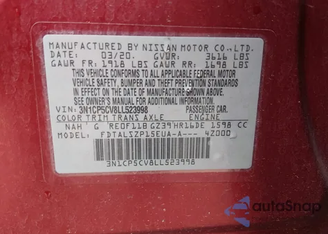 2020 Nissan Kicks Sv Xtronic Cvt z USA, uszkodzony, nr VIN 3N1CP5CV8LL523998